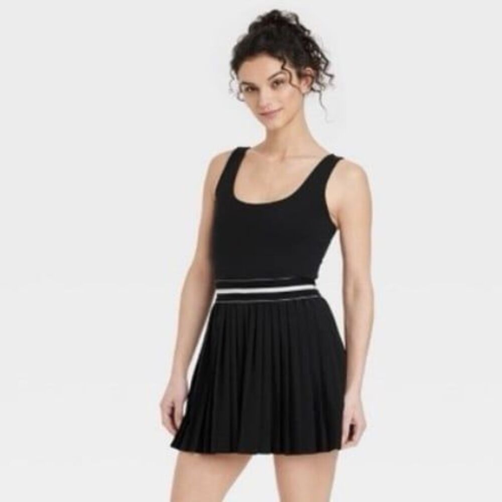 all in motion Black Pleated Mini Dress with White Waistband